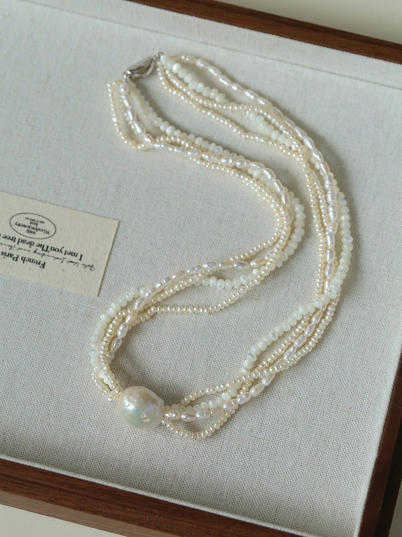 Layered Freshwater Pearl & Mother - of - Pearl Necklace with Baroque Centerpiece - floysun