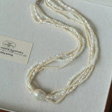 Layered Freshwater Pearl & Mother - of - Pearl Necklace with Baroque Centerpiece - floysun