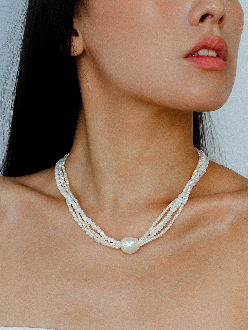 Layered Freshwater Pearl & Mother - of - Pearl Necklace with Baroque Centerpiece - floysun