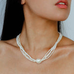 Layered Freshwater Pearl & Mother - of - Pearl Necklace with Baroque Centerpiece - floysun