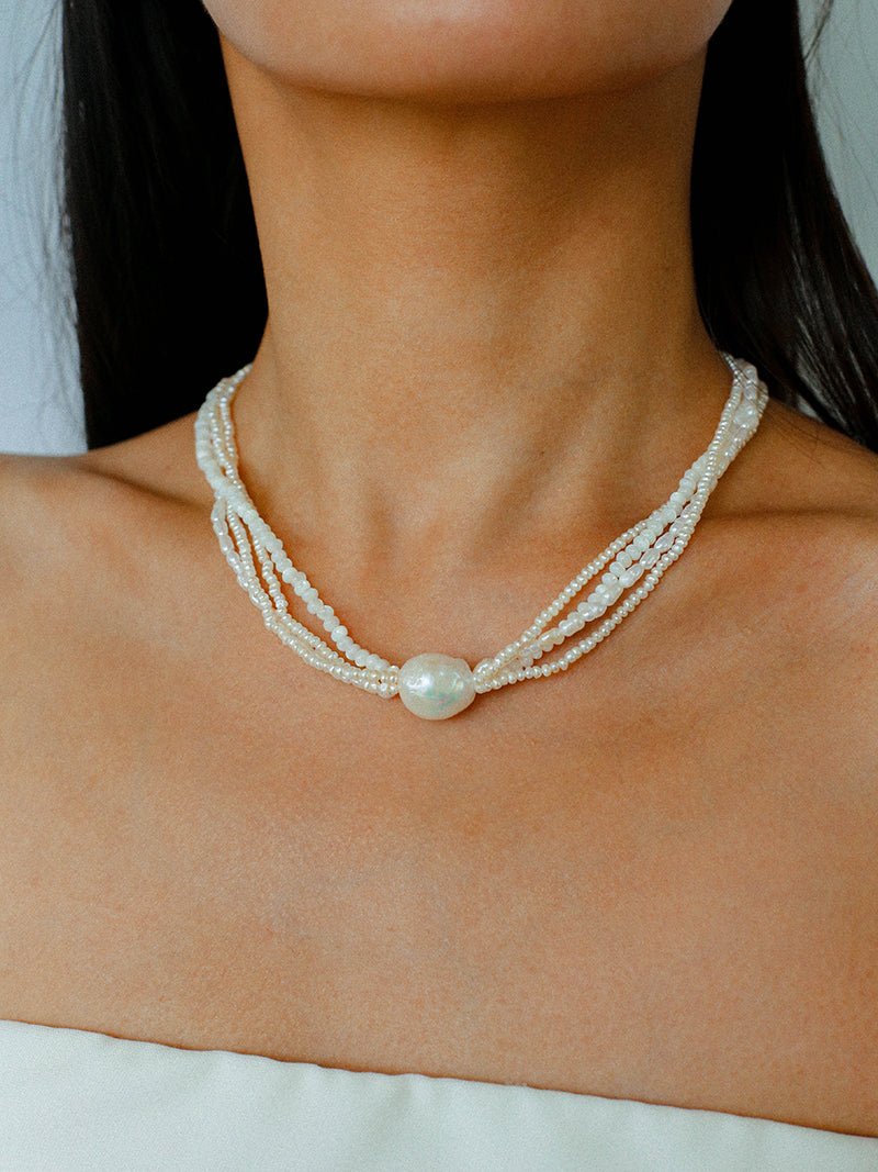 Layered Freshwater Pearl & Mother - of - Pearl Necklace with Baroque Centerpiece - floysun