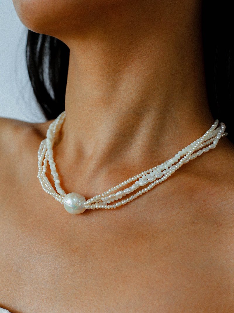 Layered Freshwater Pearl & Mother - of - Pearl Necklace with Baroque Centerpiece - floysun