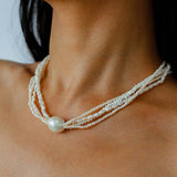 Layered Freshwater Pearl & Mother - of - Pearl Necklace with Baroque Centerpiece - floysun