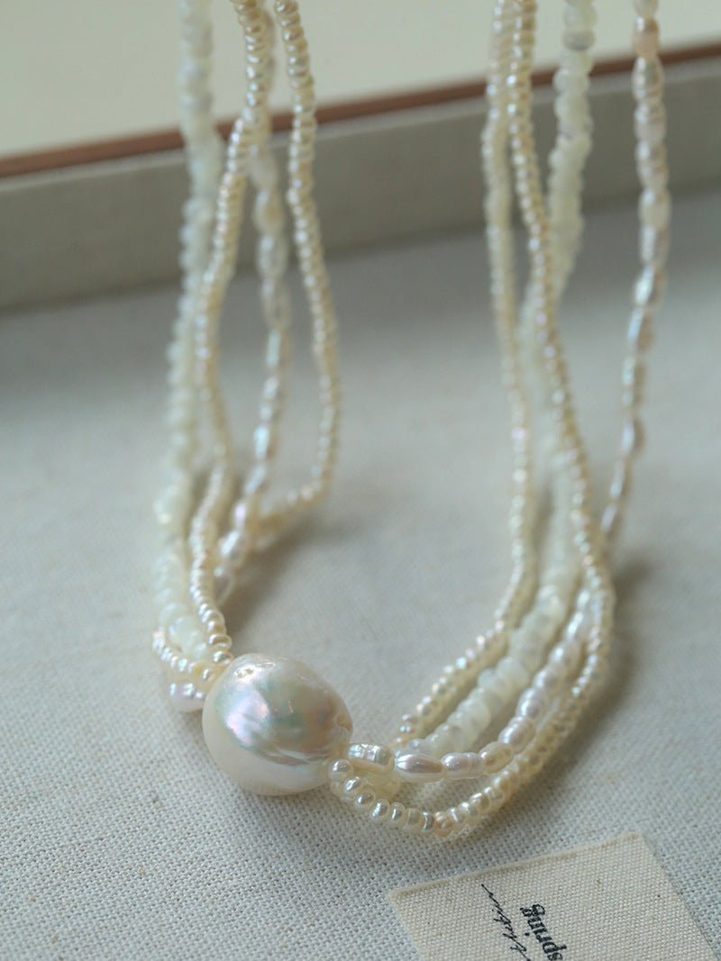 Layered Freshwater Pearl & Mother - of - Pearl Necklace with Baroque Centerpiece - floysun