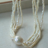 Layered Freshwater Pearl & Mother - of - Pearl Necklace with Baroque Centerpiece - floysun