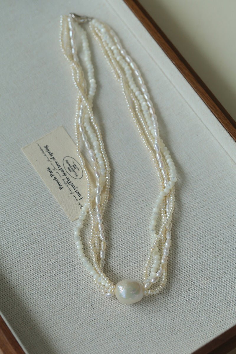 Layered Freshwater Pearl & Mother - of - Pearl Necklace with Baroque Centerpiece - floysun