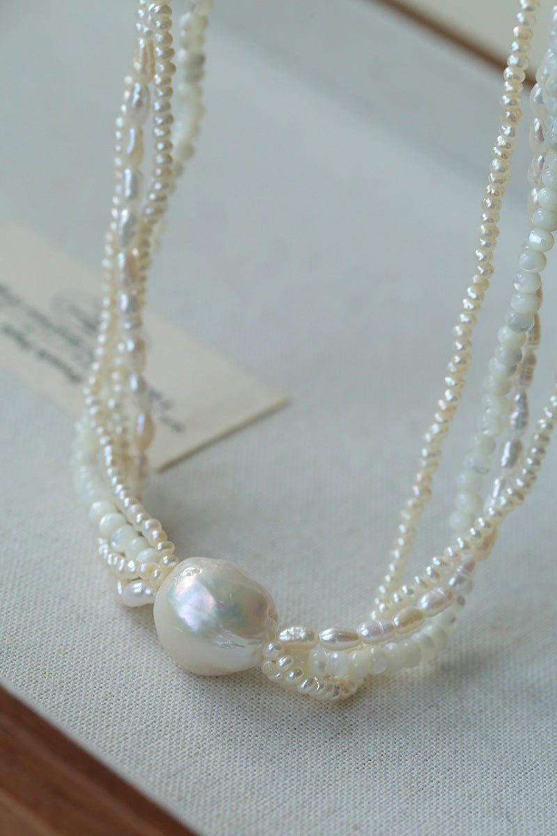 Layered Freshwater Pearl & Mother - of - Pearl Necklace with Baroque Centerpiece - floysun