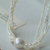 Layered Freshwater Pearl & Mother - of - Pearl Necklace with Baroque Centerpiece - floysun