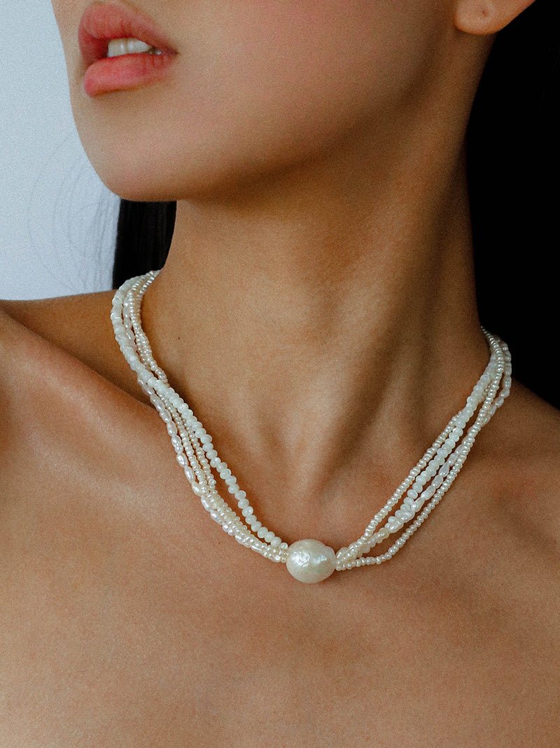 Layered Freshwater Pearl & Mother - of - Pearl Necklace with Baroque Centerpiece - floysun