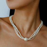 Layered Freshwater Pearl & Mother - of - Pearl Necklace with Baroque Centerpiece - floysun