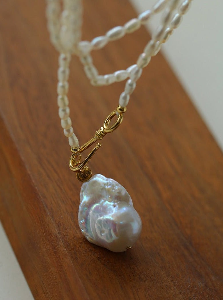 Long Baroque Pearl Pendant Necklace with Rice Pearls - floysun