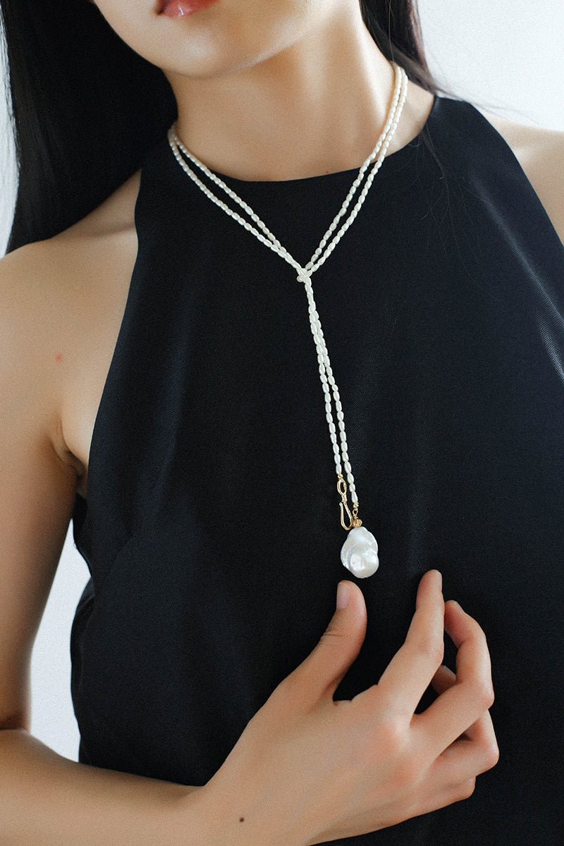 Long Baroque Pearl Pendant Necklace with Rice Pearls - floysun