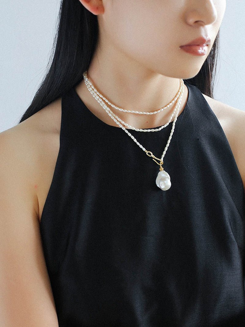 Long Baroque Pearl Pendant Necklace with Rice Pearls - floysun