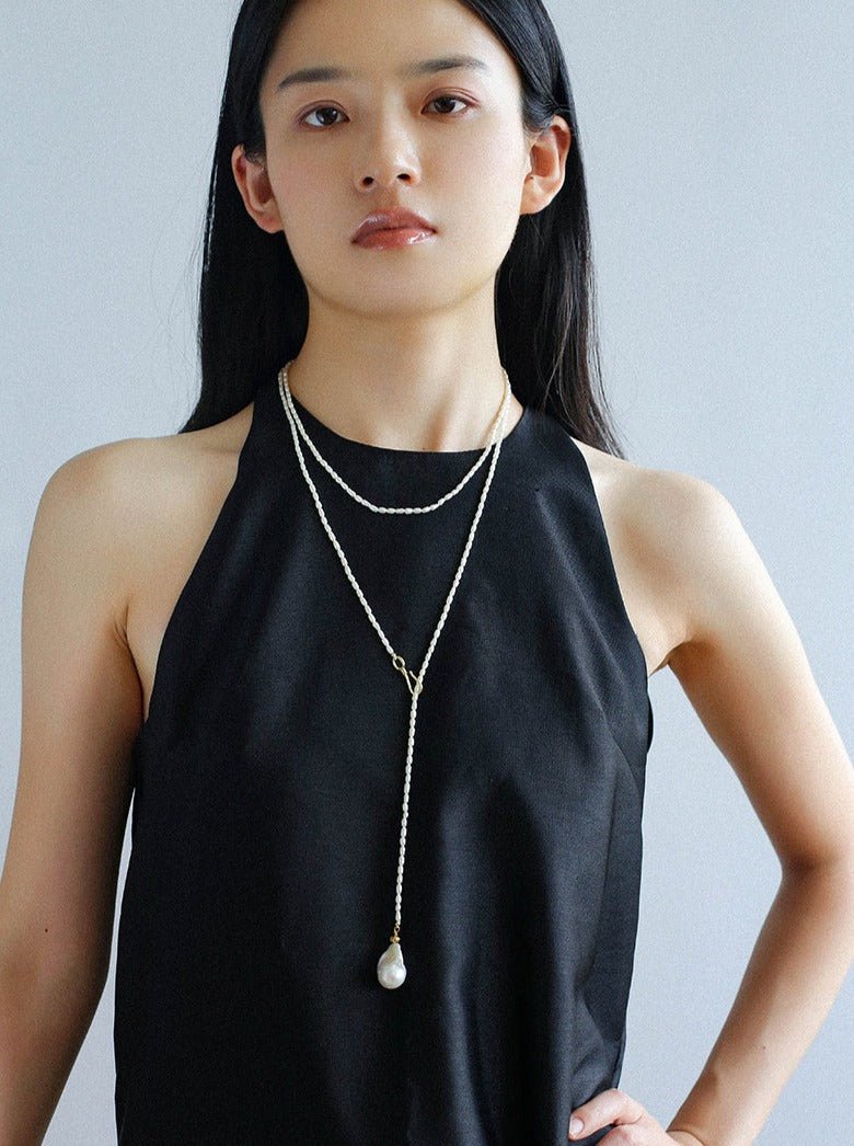 Long Baroque Pearl Pendant Necklace with Rice Pearls - floysun