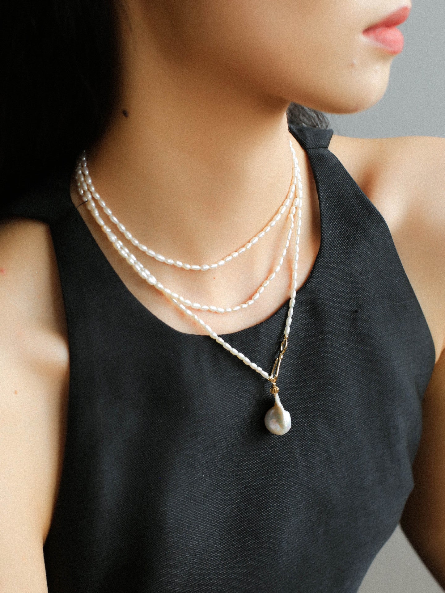 Long Baroque Pearl Pendant Necklace with Rice Pearls - floysun