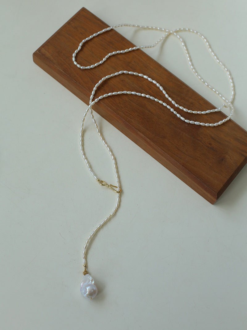 Long Baroque Pearl Pendant Necklace with Rice Pearls - floysun