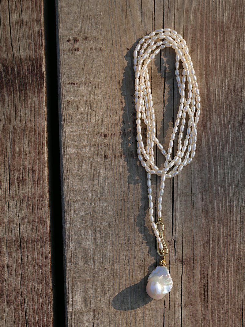 Long Baroque Pearl Pendant Necklace with Rice Pearls - floysun
