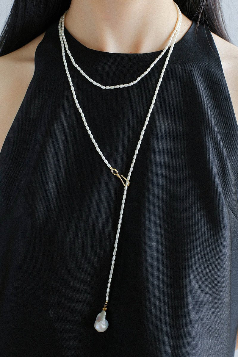 Long Baroque Pearl Pendant Necklace with Rice Pearls - floysun