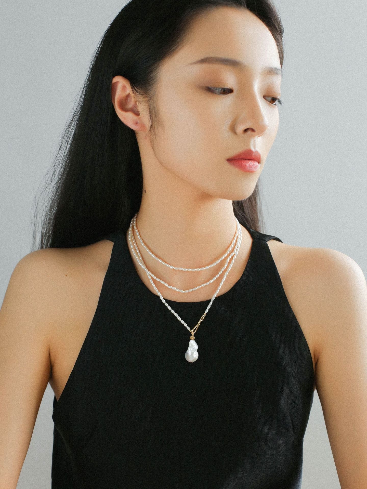 Long Baroque Pearl Pendant Necklace with Rice Pearls - floysun