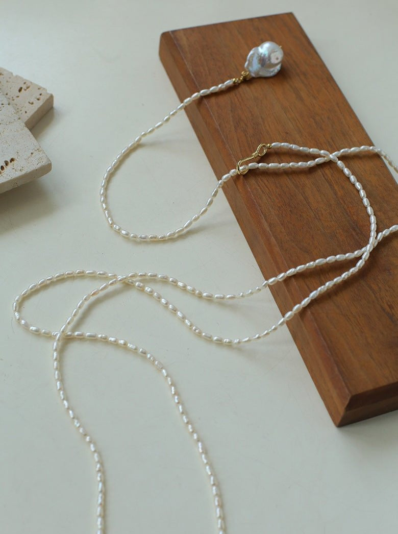 Long Baroque Pearl Pendant Necklace with Rice Pearls - floysun