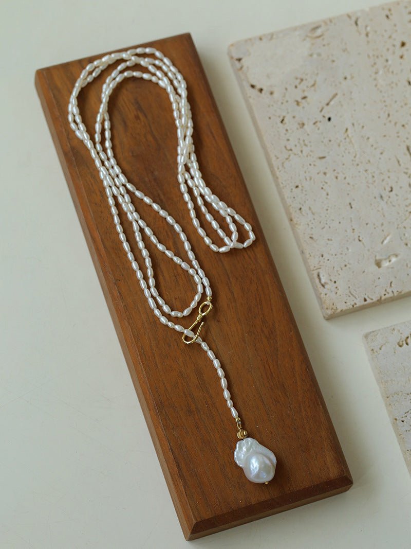 Long Baroque Pearl Pendant Necklace with Rice Pearls - floysun