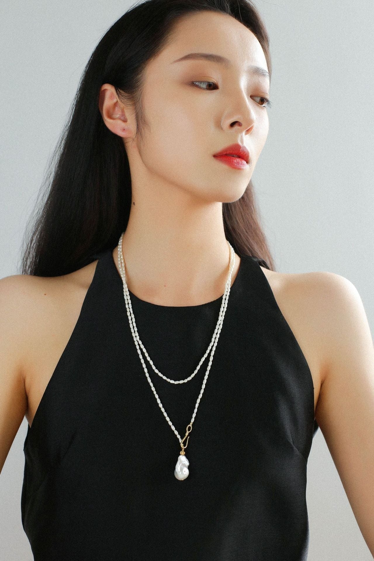 Long Baroque Pearl Pendant Necklace with Rice Pearls - floysun