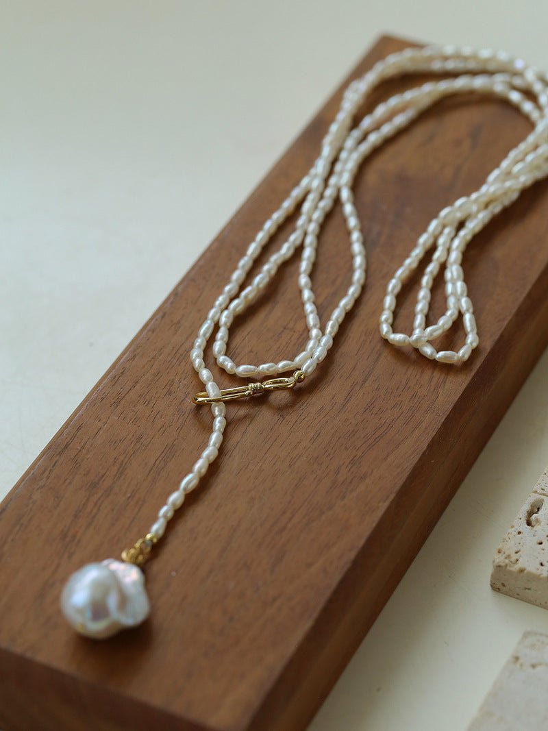 Long Baroque Pearl Pendant Necklace with Rice Pearls - floysun