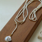 Long Baroque Pearl Pendant Necklace with Rice Pearls - floysun