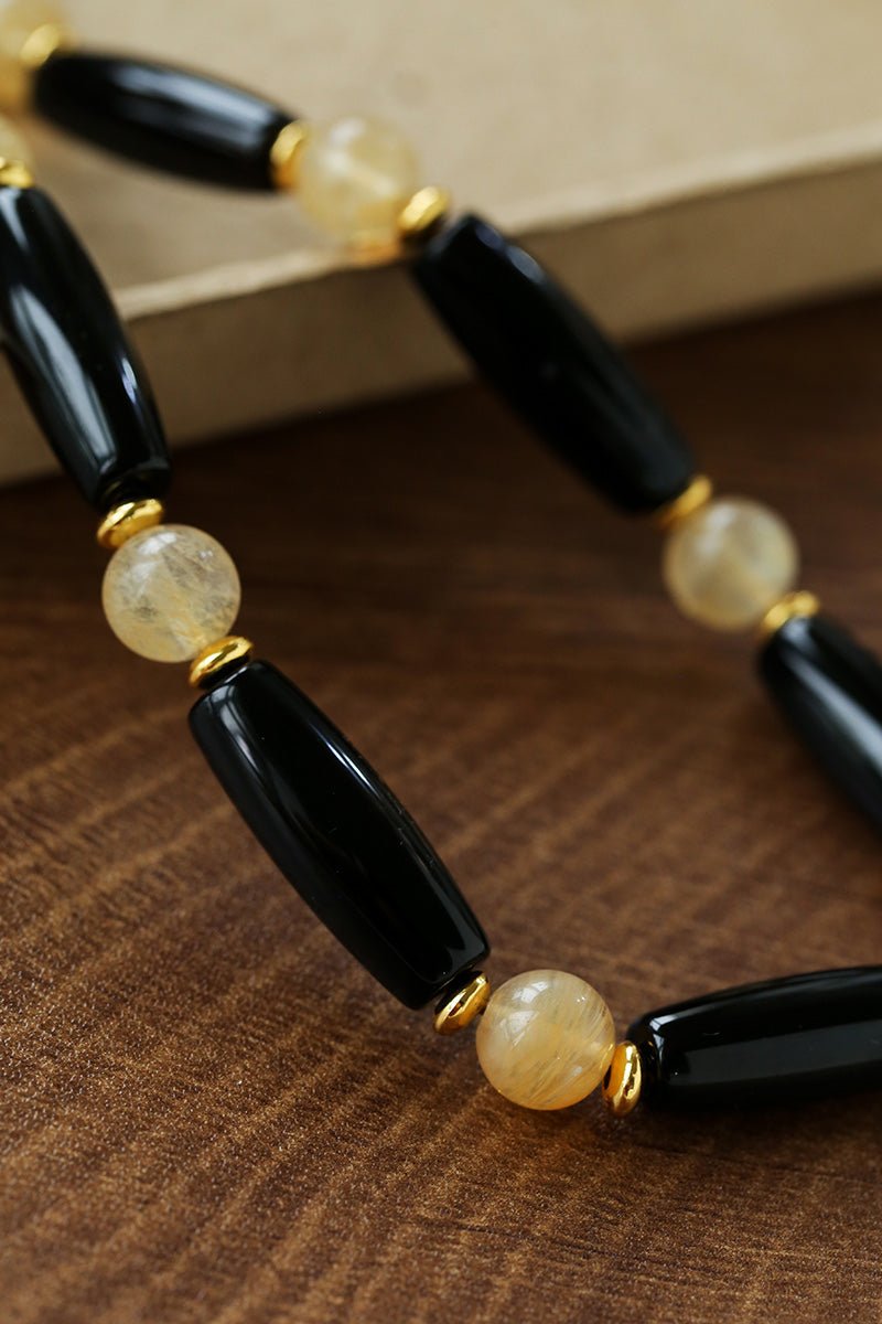 Long Black Agate & Yellow Watermelon Crystal Beaded Necklace - floysun