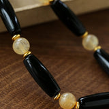 Long Black Agate & Yellow Watermelon Crystal Beaded Necklace - floysun