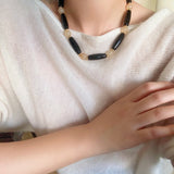 Long Black Agate & Yellow Watermelon Crystal Beaded Necklace - floysun