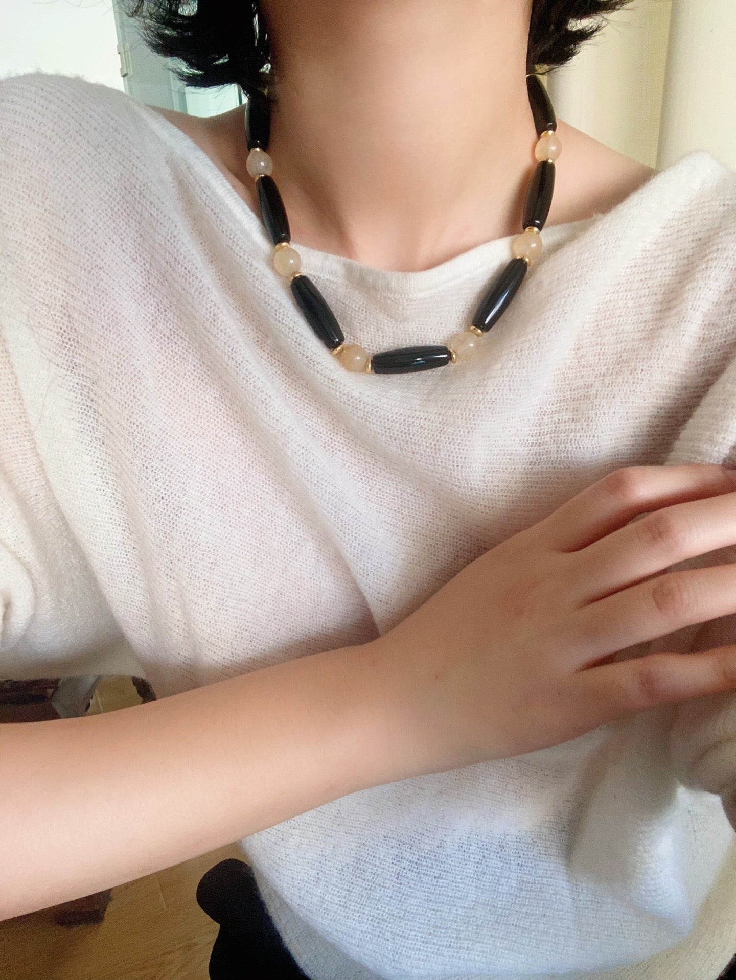 Long Black Agate & Yellow Watermelon Crystal Beaded Necklace - floysun