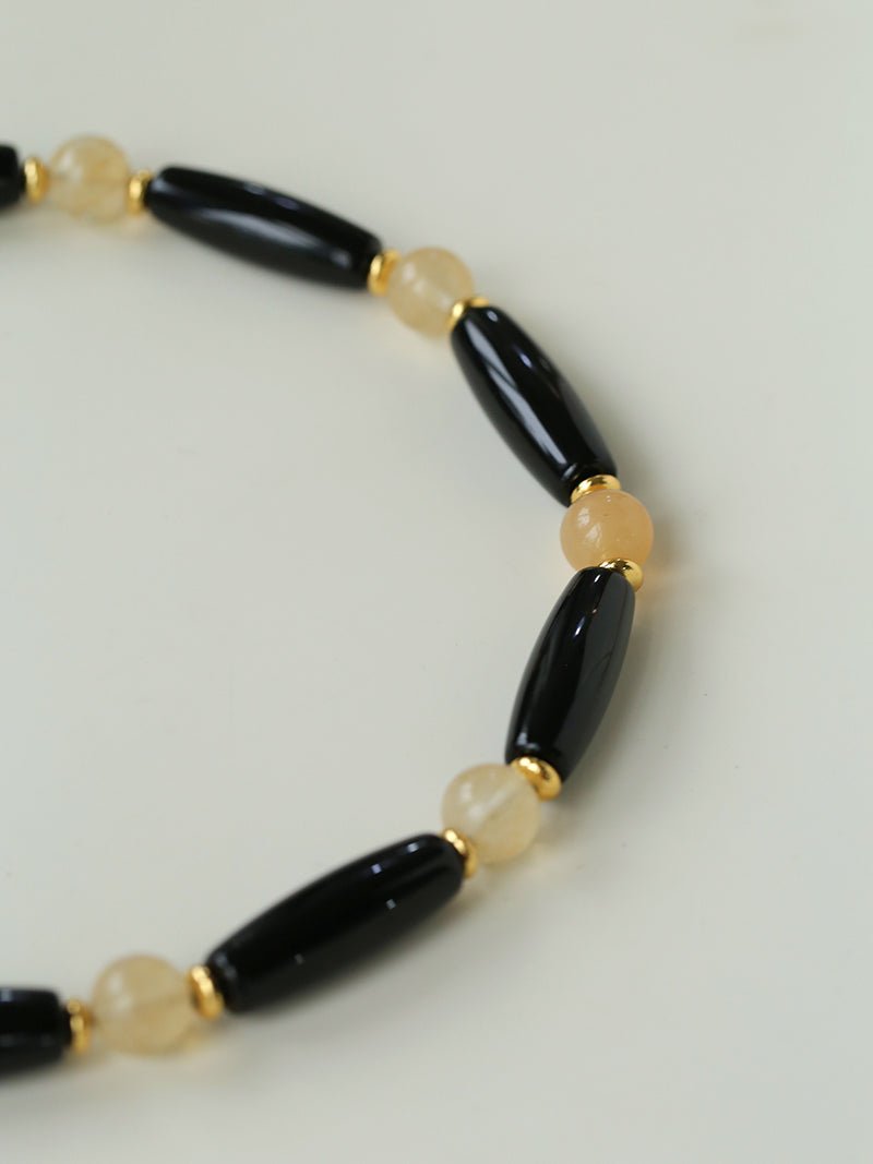 Long Black Agate & Yellow Watermelon Crystal Beaded Necklace - floysun