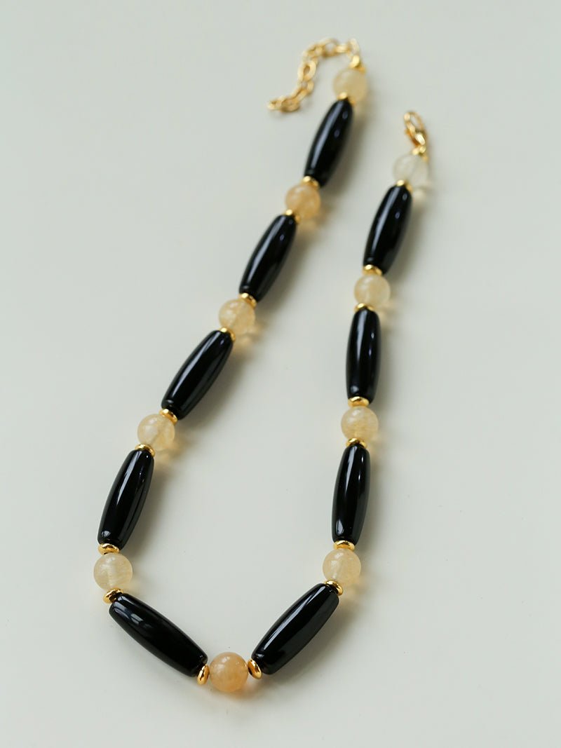 Long Black Agate & Yellow Watermelon Crystal Beaded Necklace - floysun