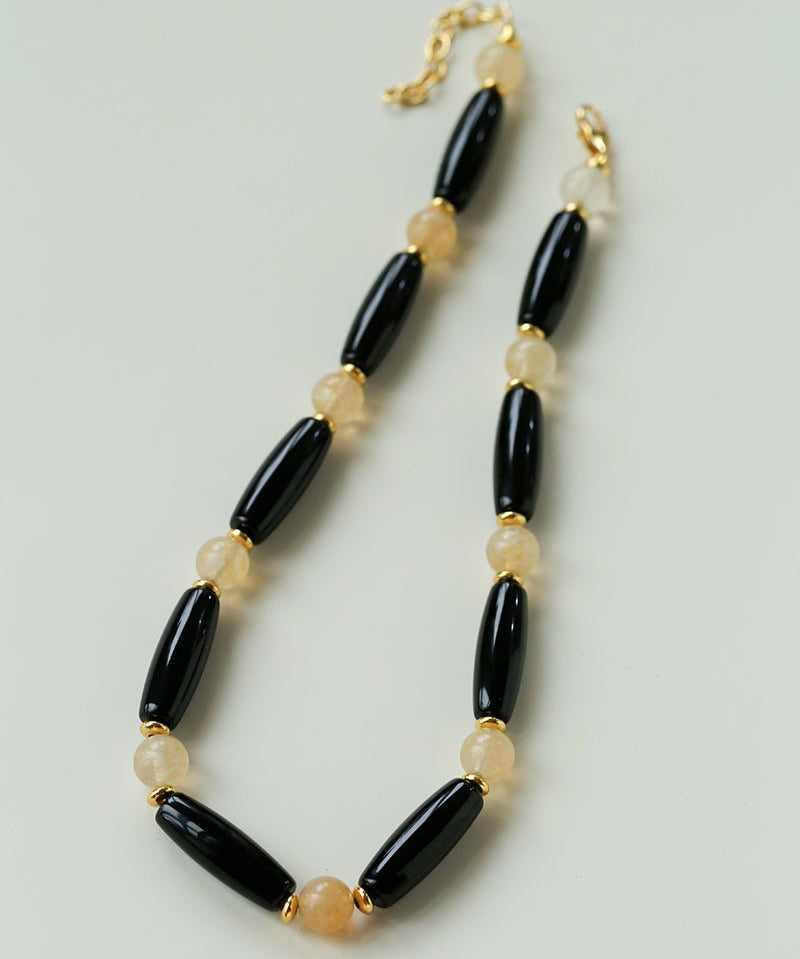 Long Black Agate & Yellow Watermelon Crystal Beaded Necklace - floysun