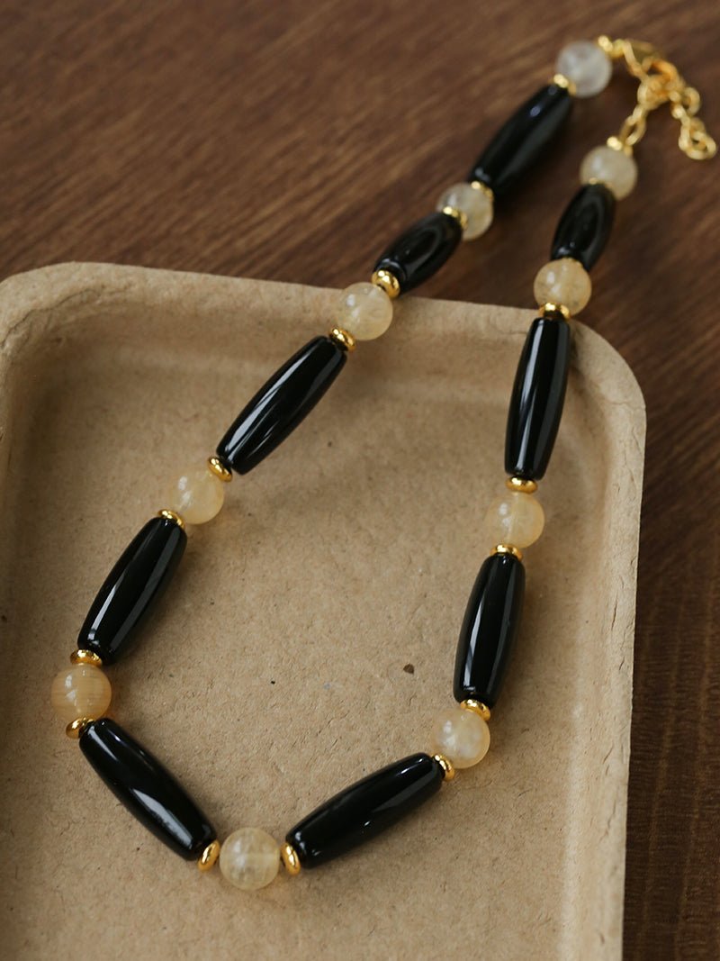 Long Black Agate & Yellow Watermelon Crystal Beaded Necklace - floysun