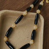 Long Black Agate & Yellow Watermelon Crystal Beaded Necklace - floysun