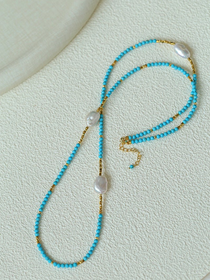 Long Turquoise & Gold Bead Spacer Necklace with Baroque Pearl Accents - floysun