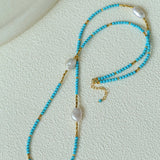 Long Turquoise & Gold Bead Spacer Necklace with Baroque Pearl Accents - floysun