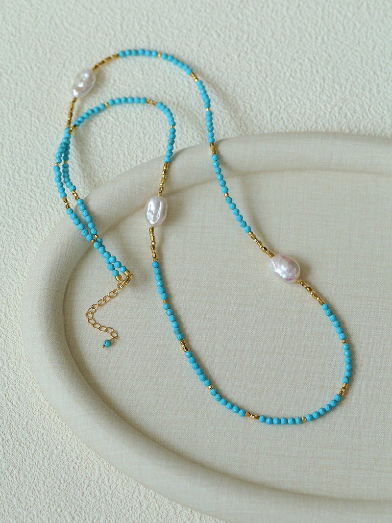 Long Turquoise & Gold Bead Spacer Necklace with Baroque Pearl Accents - floysun
