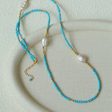 Long Turquoise & Gold Bead Spacer Necklace with Baroque Pearl Accents - floysun