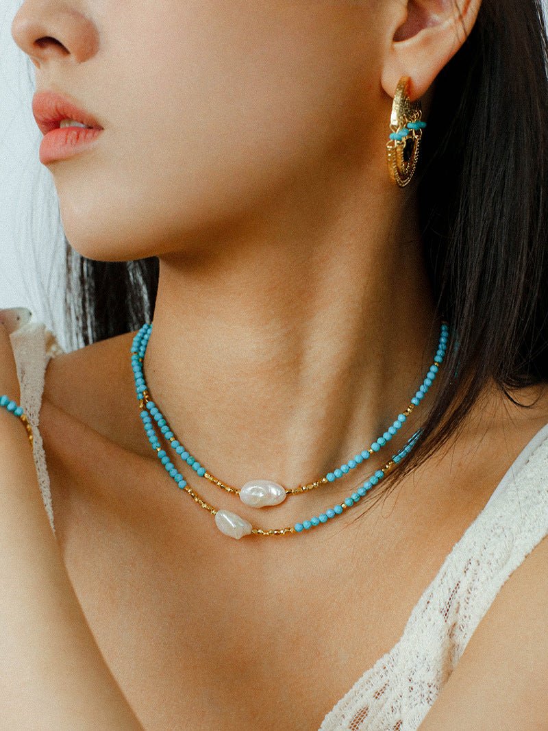 Long Turquoise & Gold Bead Spacer Necklace with Baroque Pearl Accents - floysun