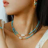 Long Turquoise & Gold Bead Spacer Necklace with Baroque Pearl Accents - floysun