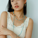 Long Turquoise & Gold Bead Spacer Necklace with Baroque Pearl Accents - floysun