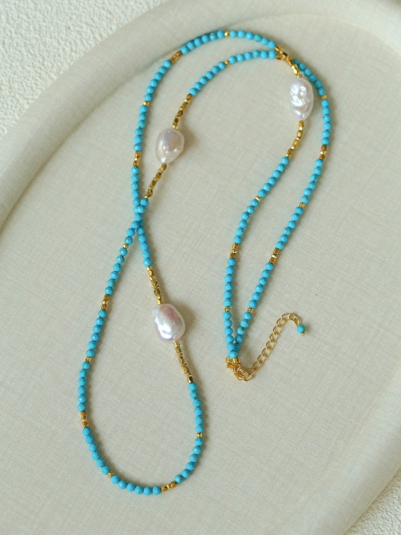Long Turquoise & Gold Bead Spacer Necklace with Baroque Pearl Accents - floysun
