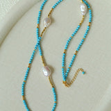 Long Turquoise & Gold Bead Spacer Necklace with Baroque Pearl Accents - floysun