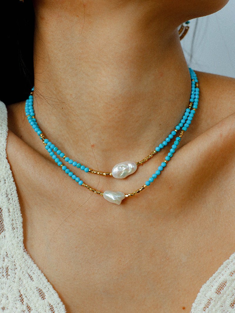 Long Turquoise & Gold Bead Spacer Necklace with Baroque Pearl Accents - floysun