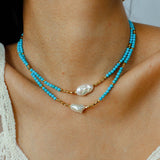 Long Turquoise & Gold Bead Spacer Necklace with Baroque Pearl Accents - floysun