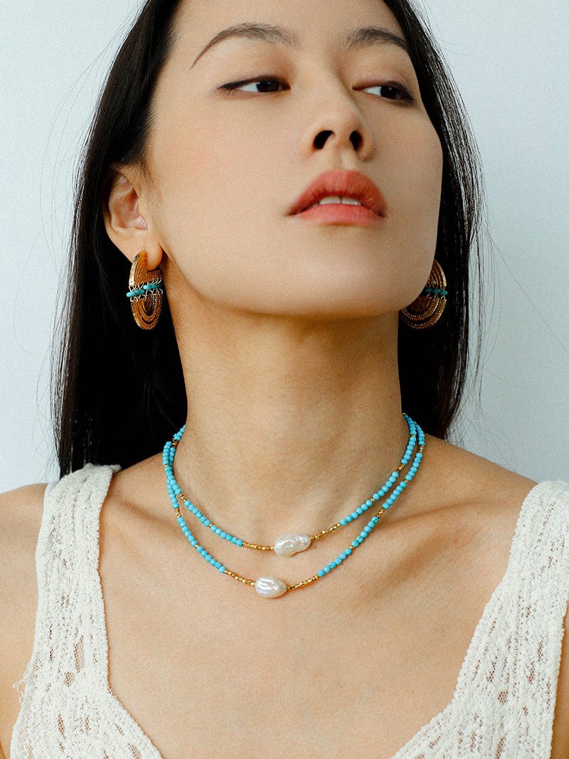 Long Turquoise & Gold Bead Spacer Necklace with Baroque Pearl Accents - floysun