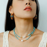 Long Turquoise & Gold Bead Spacer Necklace with Baroque Pearl Accents - floysun